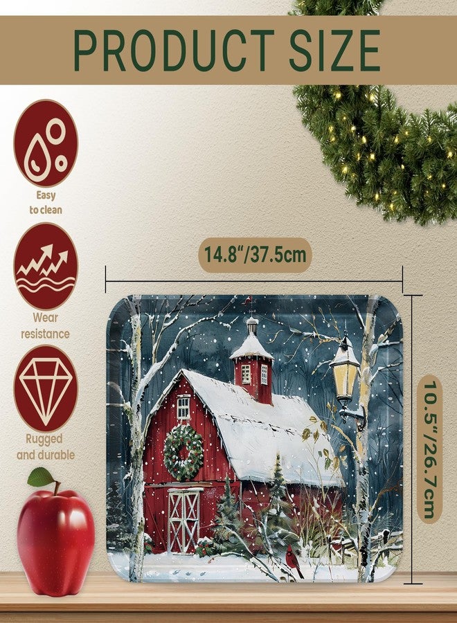 VIYNRAN 4-Piece 15 x 11 Inch Christmas Serving Tray Set, Melamine Reusable Platters with Red Barns, Snowmen, Horses, and Truck, Holiday Party Snack, Fruit, Dessert, and Candy Dishes - Image 2