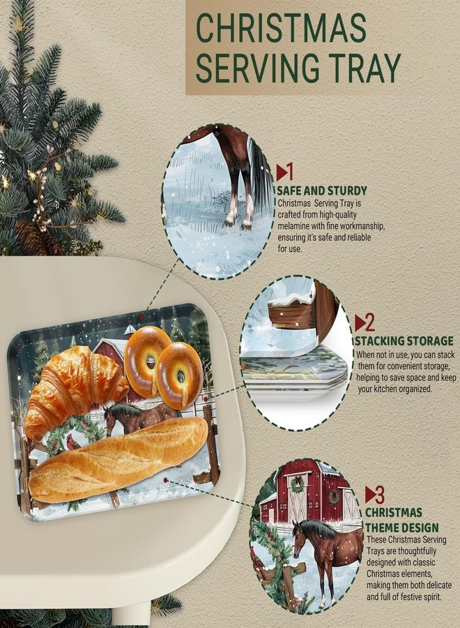 VIYNRAN 4-Piece 15 x 11 Inch Christmas Serving Tray Set, Melamine Reusable Platters with Red Barns, Snowmen, Horses, and Truck, Holiday Party Snack, Fruit, Dessert, and Candy Dishes - Image 3