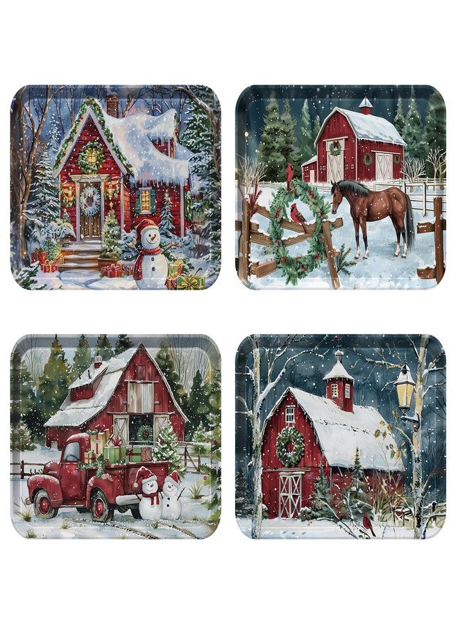 VIYNRAN 4-Piece 15 x 11 Inch Christmas Serving Tray Set, Melamine Reusable Platters with Red Barns, Snowmen, Horses, and Truck, Holiday Party Snack, Fruit, Dessert, and Candy Dishes - Image 1