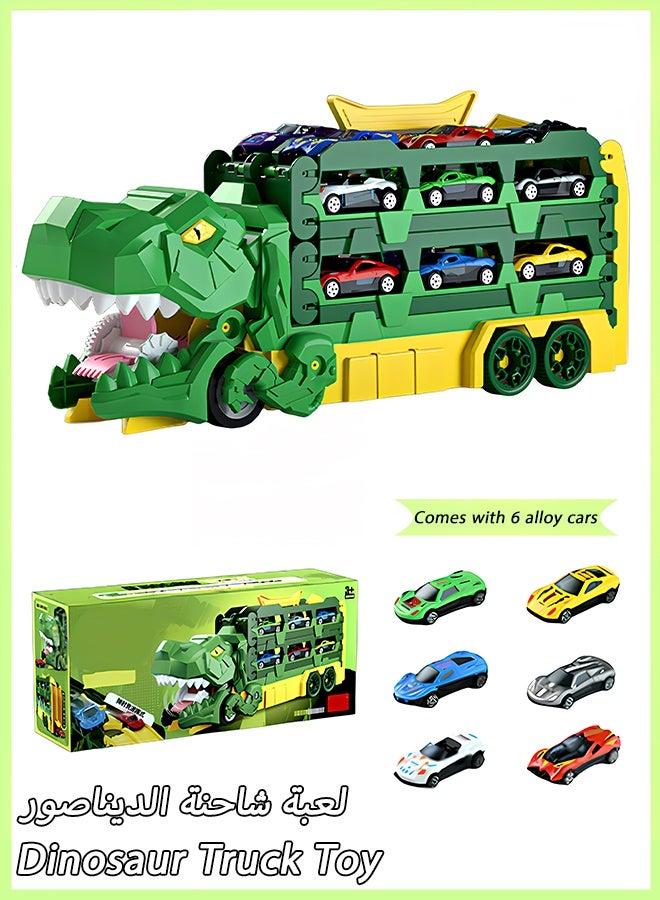 كويفلوكس لعبة شاحنة ديناصور، لعبة شاحنة 2 في 1، مسار سباق قابل للطي يمتد إلى 158 سم مع 6 سيارات من السبائك، لعبة شاحنة ابتلاع الديناصور وإطلاقه وتخزينه، مركبة ديناصور متحولة، ألعاب تنافسية للأطفال من سن 3 سنوات فما فوق (أخضر) - Image 1
