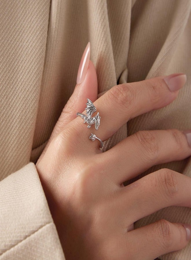 WOSTU Flying Dragon Open Ring - Adjustable Silver Dragon Ring for Women, Fantasy Gothic Punk Style Band Hypoallergenic Stacking Jewelry Women Mom Daughter - Image 3