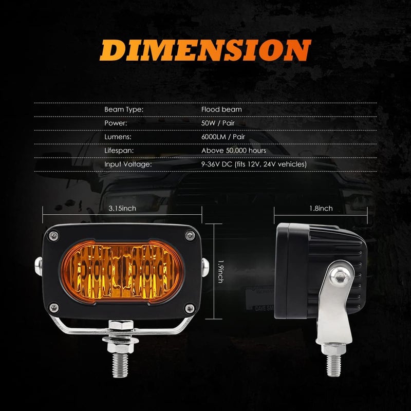 GLOBLED Amber LED Pods, 3 Inch Fog Lights 50W Small Flood Pods Lights IP68 LED Driving Fog Light Yellow Offroad Lights Ditch Lights Bumper Lights Compatible with Truck Motorcycle ATV UTV SUV Boat - Image 3