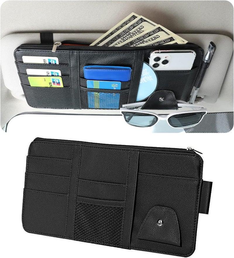 DETACHI Car Sun Visor Organizer Multi-Function Car Space with Multi-Pocket Net Zipper Car Storage Organizer and Sunglass Holder PU Leather for Car (Black), Car Storage Organizer - Image 3