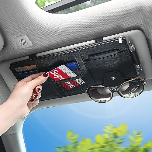 DETACHI Car Sun Visor Organizer Multi-Function Car Space with Multi-Pocket Net Zipper Car Storage Organizer and Sunglass Holder PU Leather for Car (Black), Car Storage Organizer - Image 1