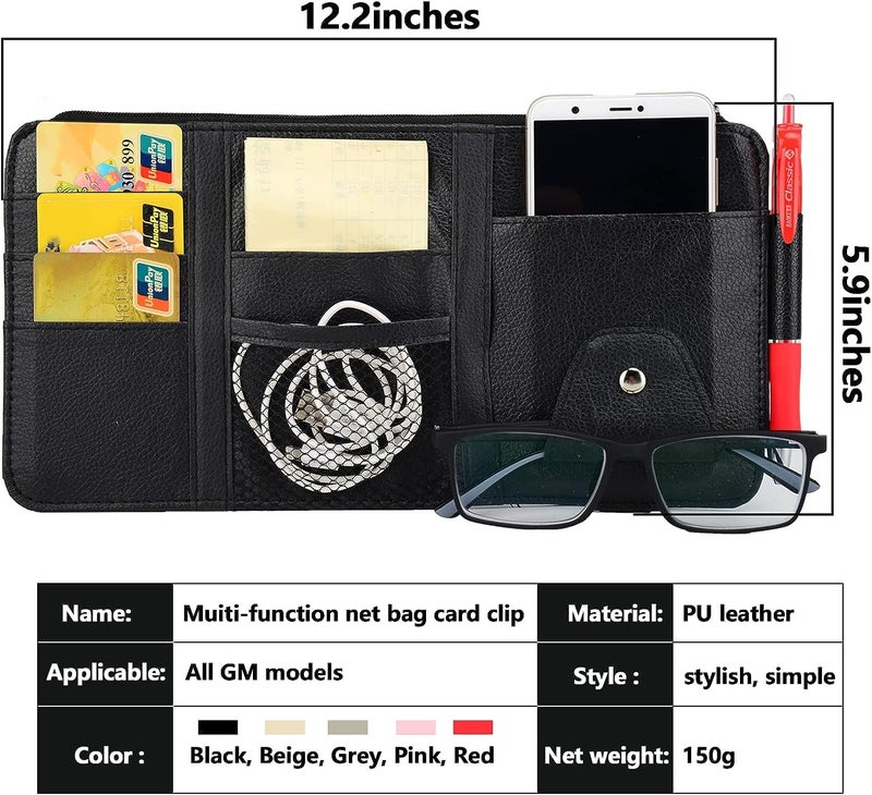DETACHI Car Sun Visor Organizer Multi-Function Car Space with Multi-Pocket Net Zipper Car Storage Organizer and Sunglass Holder PU Leather for Car (Black), Car Storage Organizer - Image 2