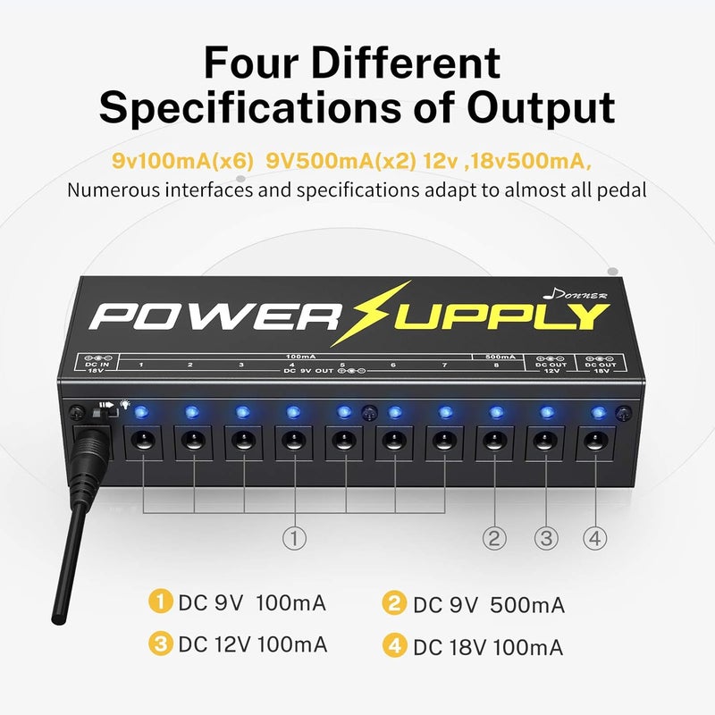 Donner Power Supply, Guitar Pedal Power Supply 10 Isolated DC Output for 9V/12V/18V Effect Pedals (DP-1) - Image 4