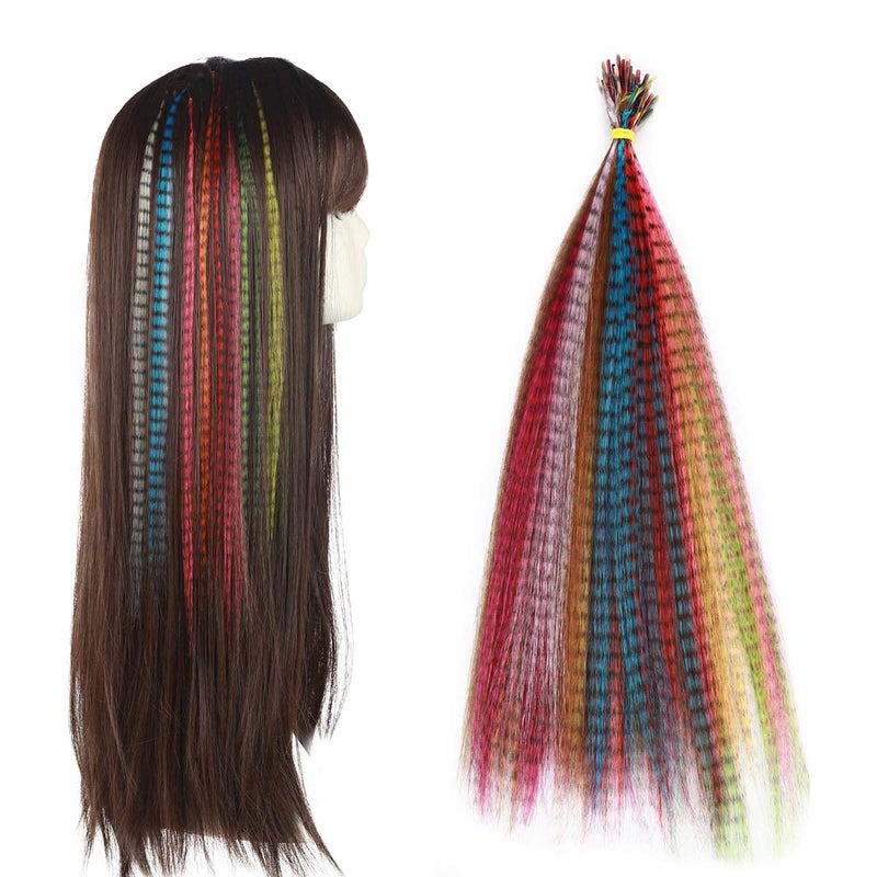 SARLA Syntheic Feather Hair Extensions 100 Pcs Colored Hair Piece for Girl Women 10 Mixed Colors 16 Inch - Image 1