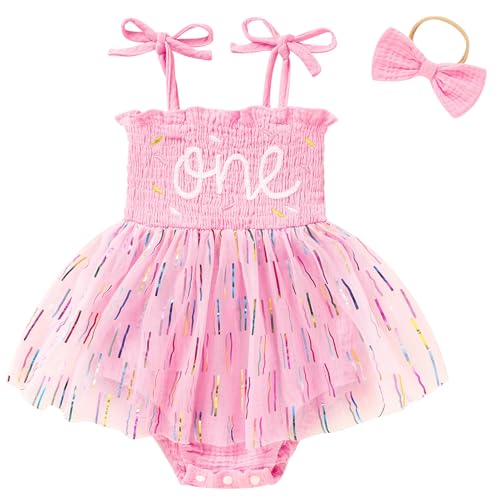 TITKKOP Baby Girl 1st Birthday Clothes One Year Old Tulle Romper Sleeveless Bodysuit Cake Smash Outfits(Pink2,9-12M) - Image 1