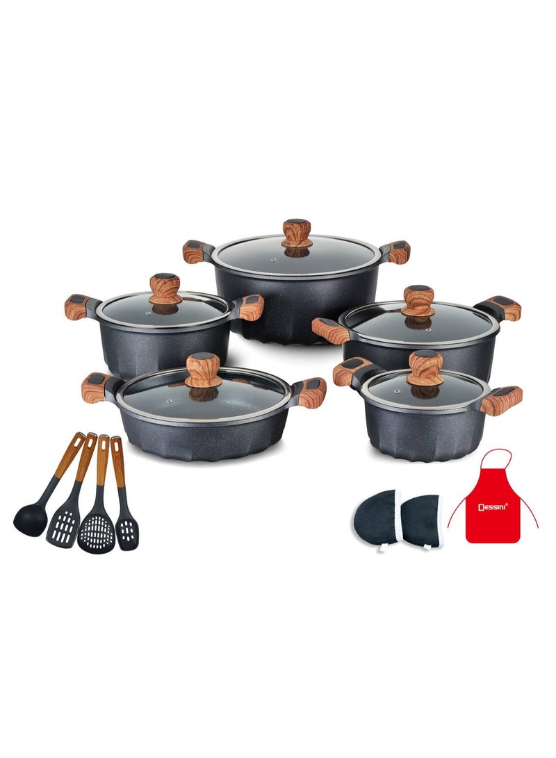 DESSINI 17-Piece Non Stick Granite Cookware Set 20/24/28/32Cm Casserole, 28Cm Shallow Casserole- PFOA Free - 2020 dark grey 