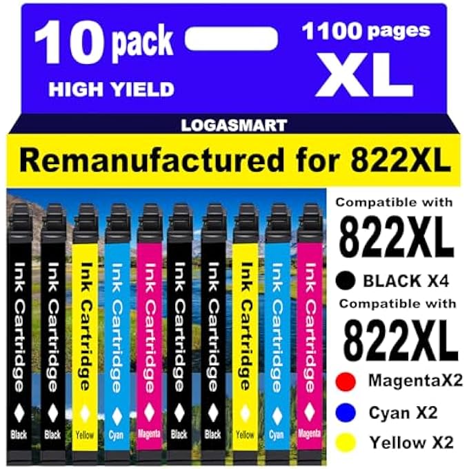 822XL REMANUFACTURED FOR EPSON 822XL INK CARTRIDGES 822 XL T822 FOR WORKFORCE PRO WF-3820 WF-3823 WF-4820 WF-4830 WF-4833 WF-4834 PRINTER 10PACK 4BLACK 2CYAN 2YELLOW 2MAGENTA - Image 1