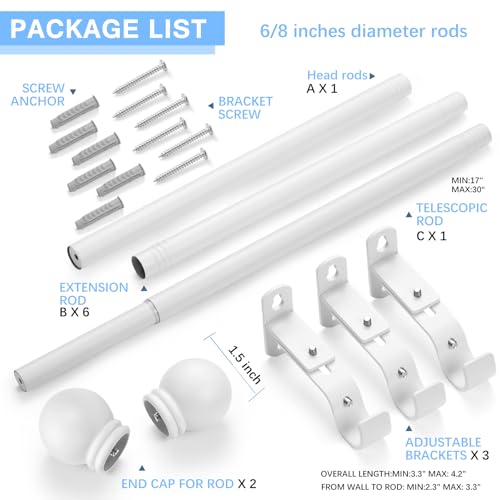 AMZSEVEN Curtain Rods for Windows 16 to 120 Inches, Curtain Rod Max Adjustable Length of 132 IN, 6/8" Diameter Drapery Rods Round Finials, White, Pack of 1 - Image 3