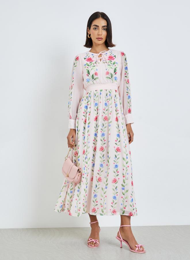 Light Pink Floral Maxi Dress with Tie-Up Neck