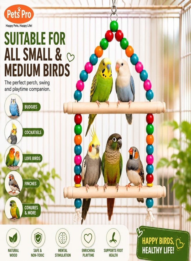 Pets Pro لعبة أرجوحة خشبية كبيرة الحجم من بيتس برو للطيور الصغيرة مثل الببغاوات الأسترالية، وطيور الحب، والكوكاتيل، والعصافير الصغيرة | لعبة سلم معلقة ملونة للقفص للمضغ والتسلق واللعب - Image 5