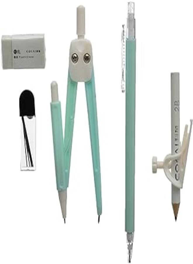 cokai Cokai KJ-1003 High Quality Geometric Tools Set 8 Pcs (Protrector,2 triangle,Ruler,Compass, Pencil,Eraser,Leads) For Student - Mint Green 