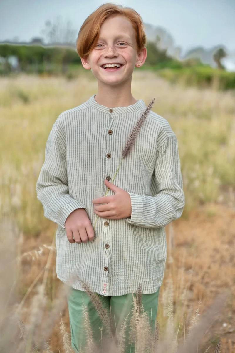 Cigit Organic Mandarin Collar Muslin Shirt 2-10 Years Old Khaki Striped