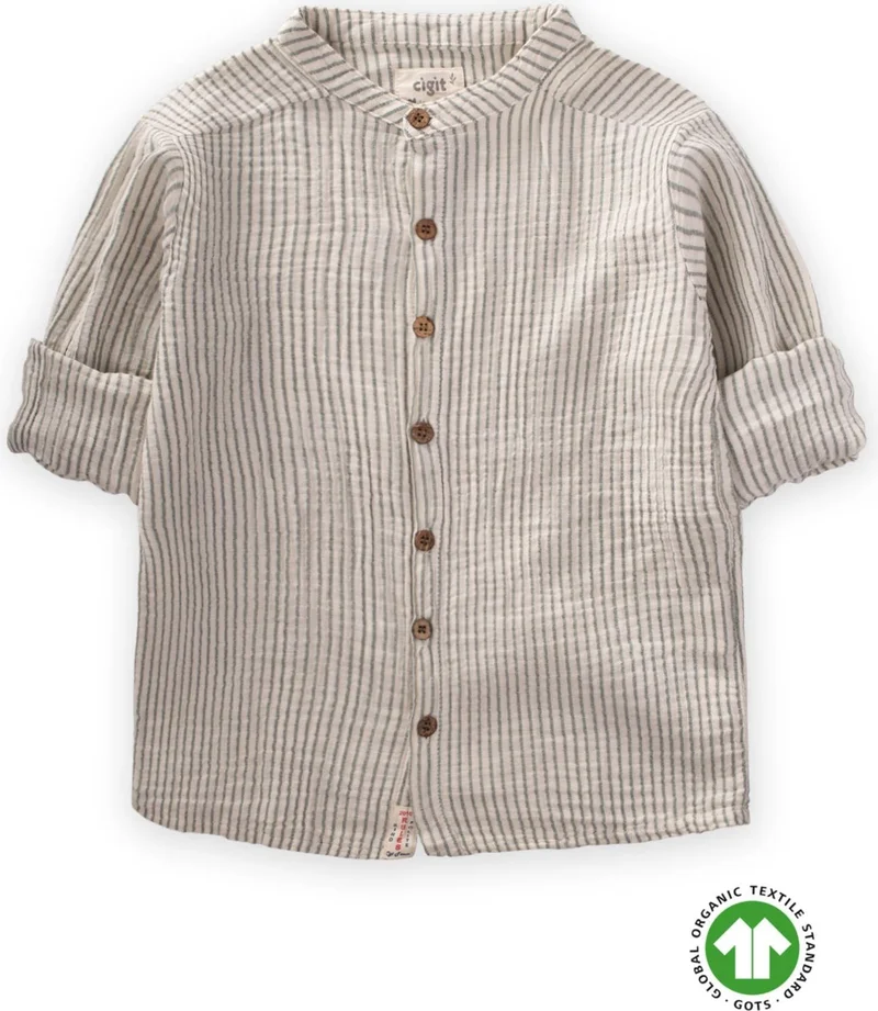 Cigit Organic Mandarin Collar Muslin Shirt 2-10 Years Old Khaki Striped