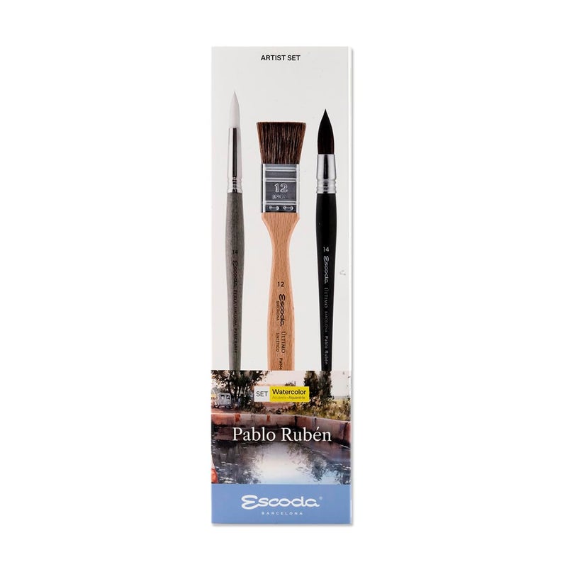 Escoda Watercolour Artist Set Pablo Rubn Size 121414 3 Brushes Synthetic White Toray Tendo Round Pointed Round mop mottler - Image 2