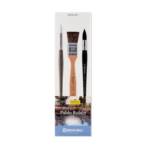 Escoda Watercolour Artist Set Pablo Rubn Size 121414 3 Brushes Synthetic White Toray Tendo Round Pointed Round mop mottler - Image 1