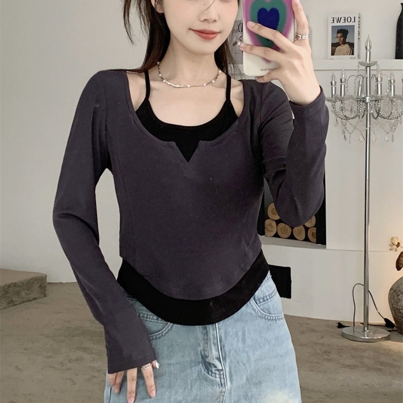 Factory Fake Two-Piece Contrast Color Korean-Style Plus Size Long-Sleeved T-Shirt Women'S Summer Slim-Fit Short Top Shake Tone Taobao - Image 2