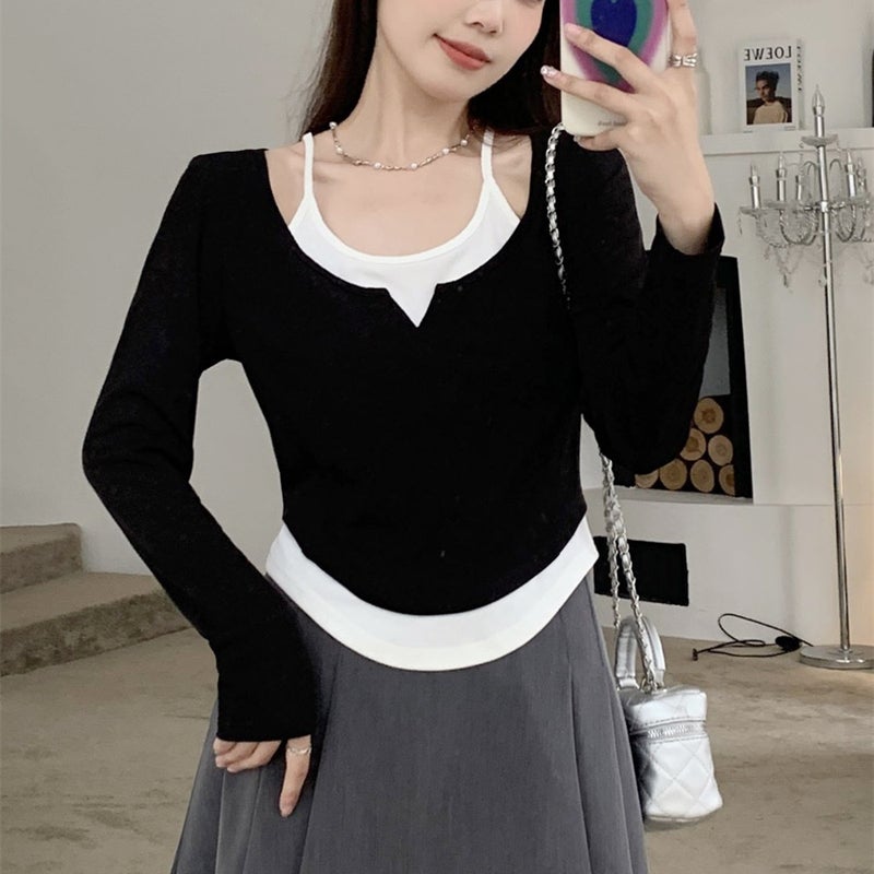 Factory Fake Two-Piece Contrast Color Korean-Style Plus Size Long-Sleeved T-Shirt Women'S Summer Slim-Fit Short Top Shake Tone Taobao - Image 5