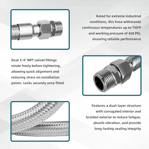 Lakeyulystore 3/4" NPT Compressor Jumper Hose 40", 304 Stainless Steel Braided Flex Hose, 750°F Heat & 450 PSI Pressure Rated, 360° Rotating Fittings, Heavy-Duty Industrial Air Line Connector - Image 4