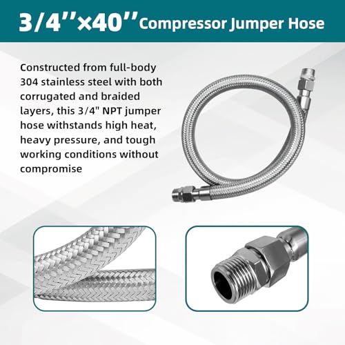 Lakeyulystore 3/4" NPT Compressor Jumper Hose 40", 304 Stainless Steel Braided Flex Hose, 750°F Heat & 450 PSI Pressure Rated, 360° Rotating Fittings, Heavy-Duty Industrial Air Line Connector - Image 3