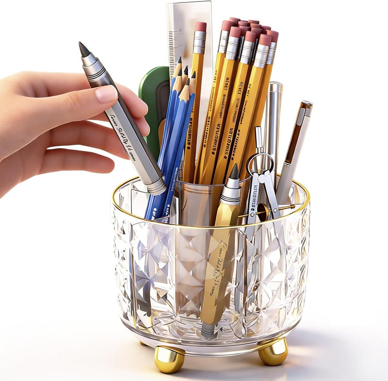 GOTOBA 360° Rotating Pencil Holder for Desk, Makeup Brush Holder with 6 Slots, Desk Organizer for Writing Utensil, Office and School Supplies (Transparent) - Image 1