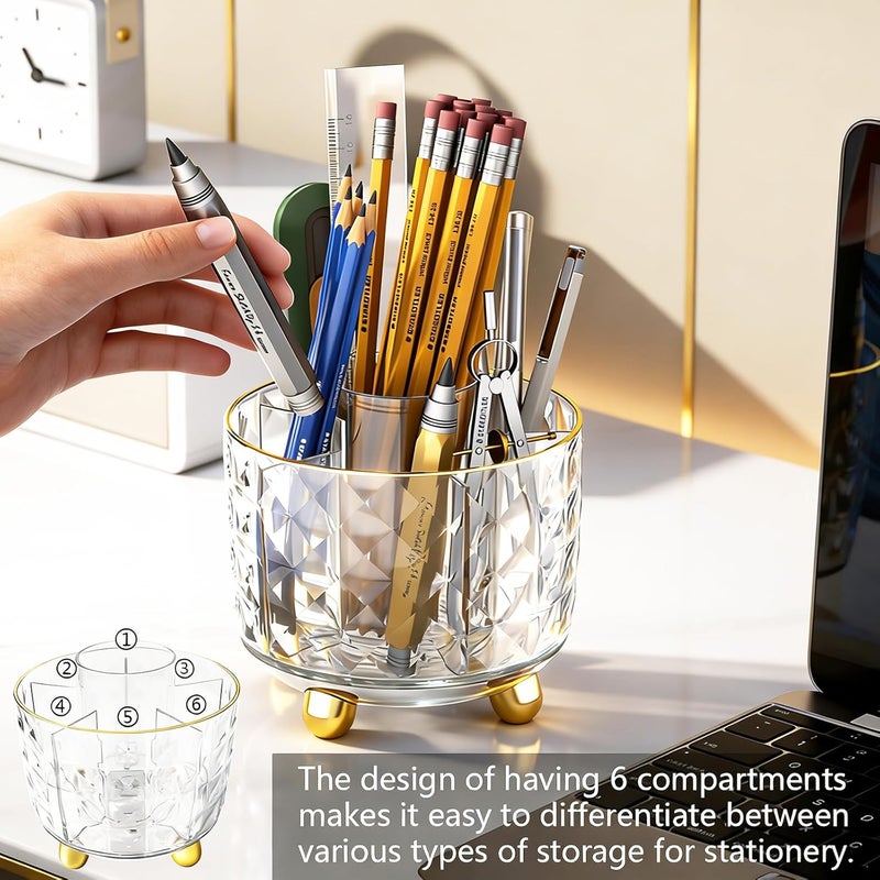 GOTOBA 360° Rotating Pencil Holder for Desk, Makeup Brush Holder with 6 Slots, Desk Organizer for Writing Utensil, Office and School Supplies (Transparent) - Image 3