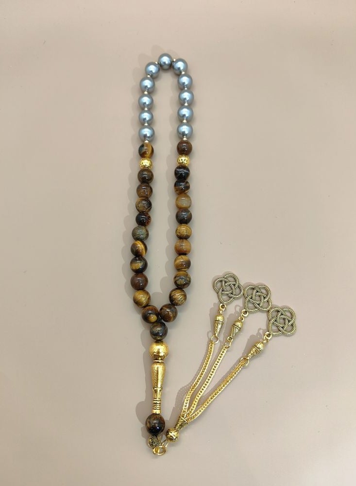 MAJOOD Original Design/33 Natural Shell Pearls With Natural Tiger Eye Stone Prayer Beads/Tasbih/10 mm - Image 4