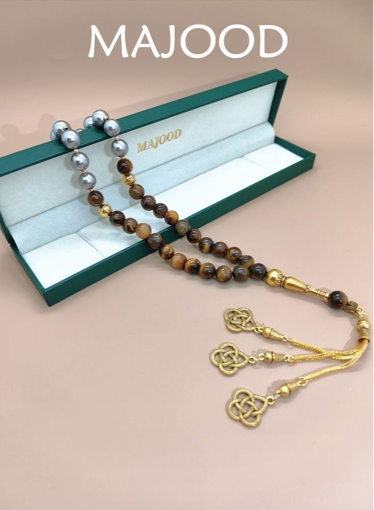 MAJOOD Original Design/33 Natural Shell Pearls With Natural Tiger Eye Stone Prayer Beads/Tasbih/10 mm - Image 2