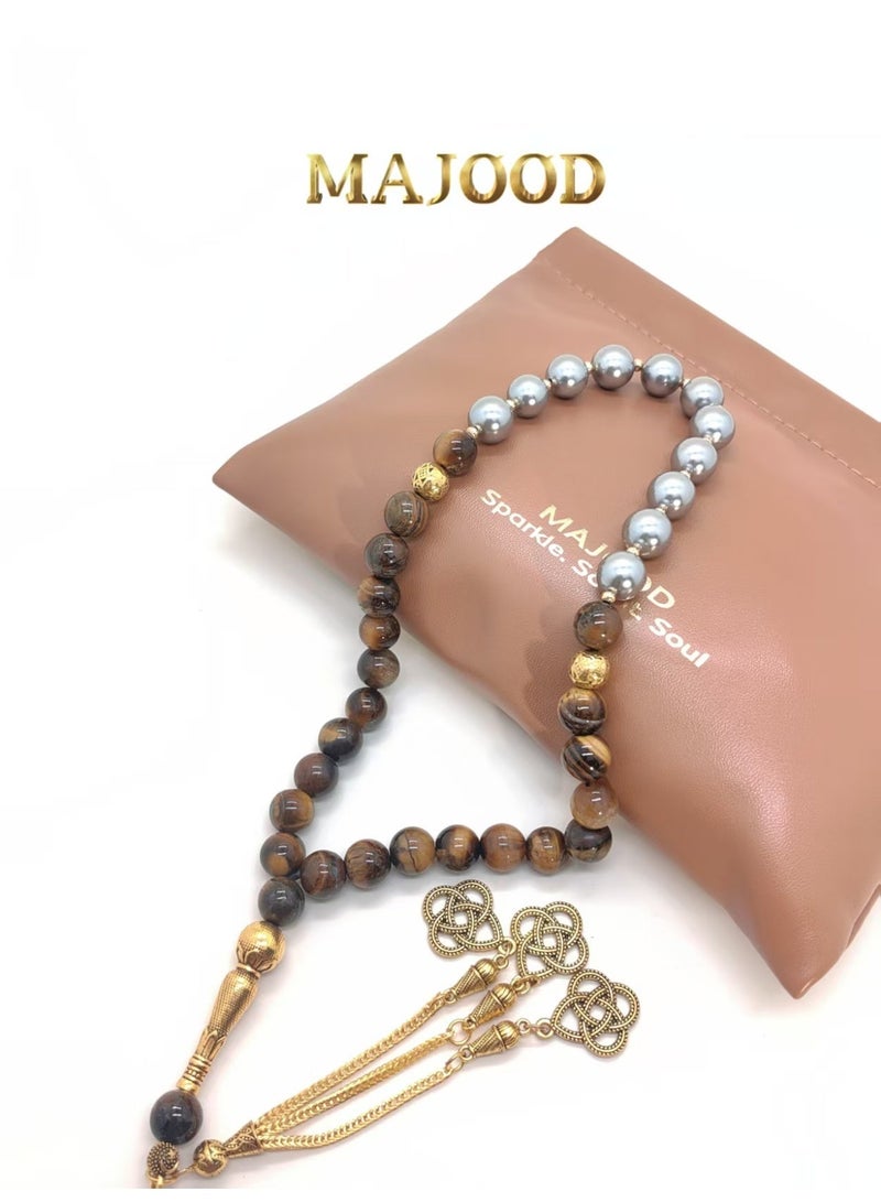 MAJOOD Original Design/33 Natural Shell Pearls With Natural Tiger Eye Stone Prayer Beads/Tasbih/10 mm - Image 3