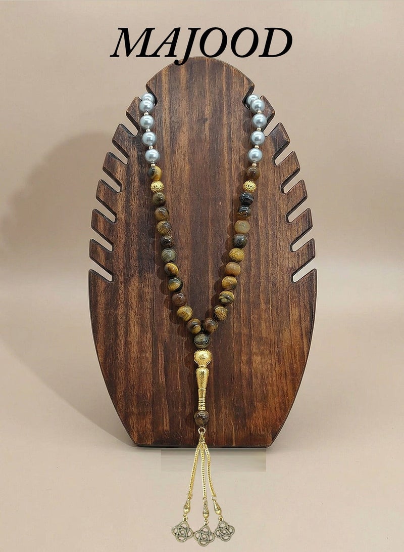 MAJOOD Original Design/33 Natural Shell Pearls With Natural Tiger Eye Stone Prayer Beads/Tasbih/10 mm - Image 1