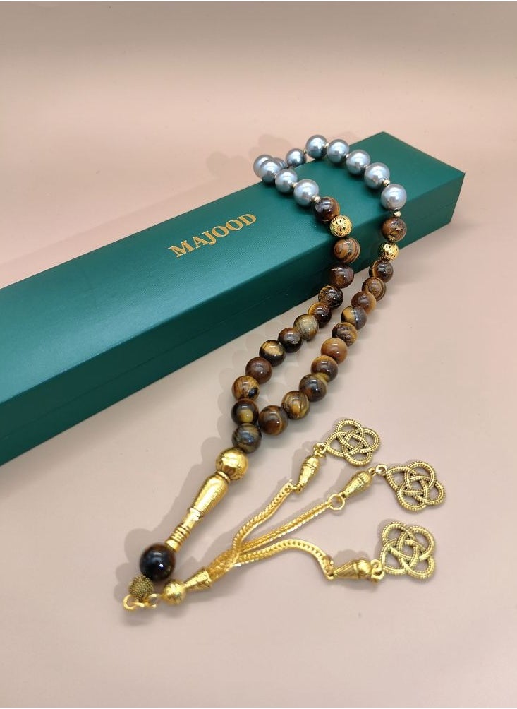MAJOOD Original Design/33 Natural Shell Pearls With Natural Tiger Eye Stone Prayer Beads/Tasbih/10 mm  - Image 5