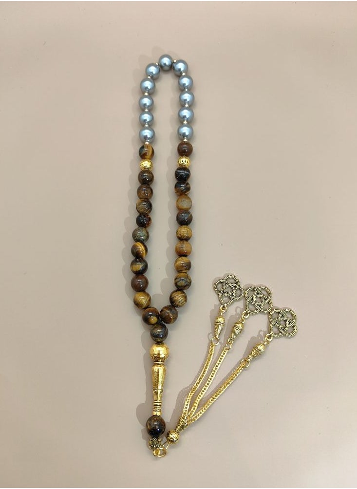 MAJOOD Original Design/33 Natural Shell Pearls With Natural Tiger Eye Stone Prayer Beads/Tasbih/10 mm  - Image 2