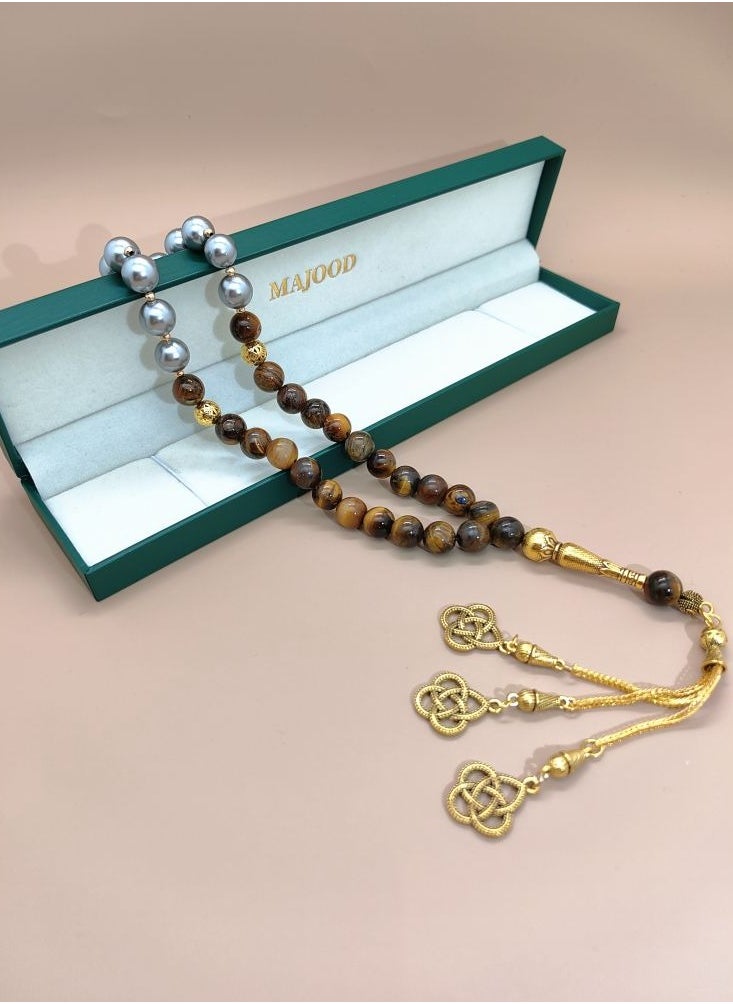 MAJOOD Original Design/33 Natural Shell Pearls With Natural Tiger Eye Stone Prayer Beads/Tasbih/10 mm  - Image 4
