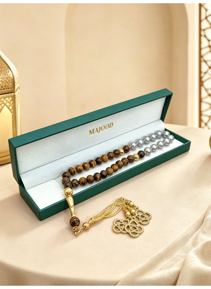 MAJOOD Original Design/33 Natural Shell Pearls With Natural Tiger Eye Stone Prayer Beads/Tasbih/10 mm - Image 4