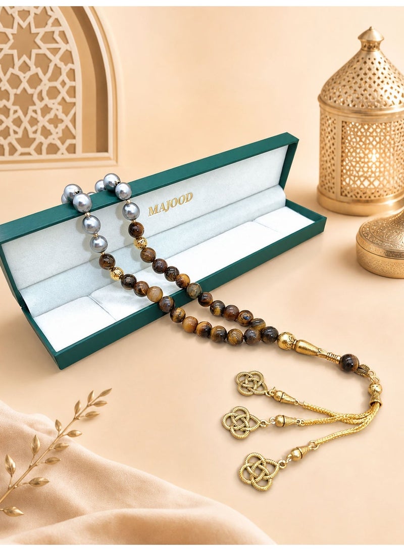 MAJOOD Original Design/33 Natural Shell Pearls With Natural Tiger Eye Stone Prayer Beads/Tasbih/10 mm - Image 2