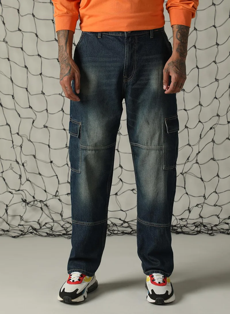 Hubberholme Men's Indigo 100% Cotton Distressed Full Length Relaxed Fit Jeans