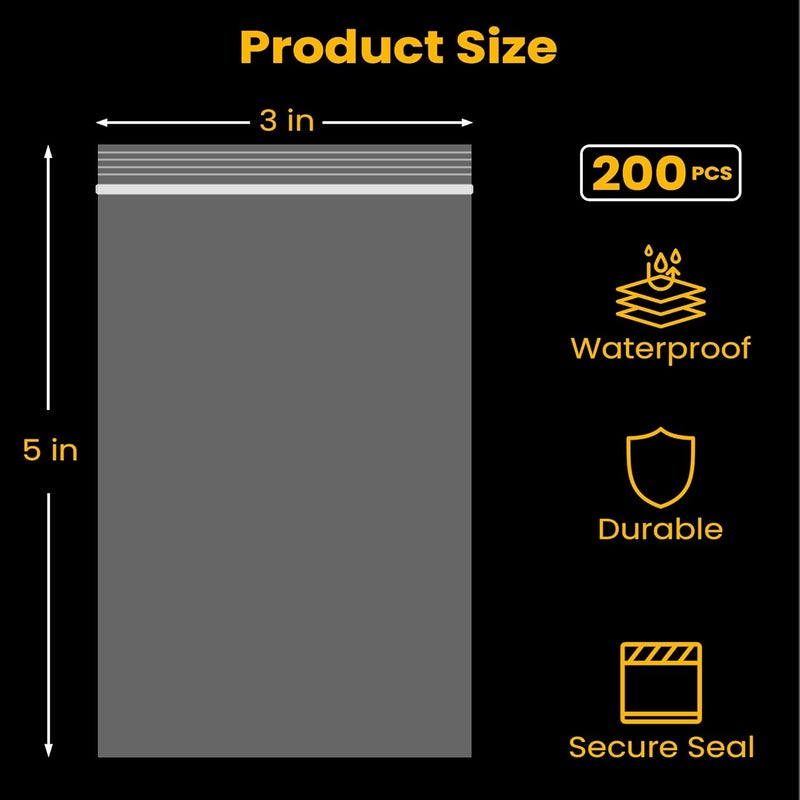 Bonison 3x5 Inch Clear Reclosable Bags 200 Pack, 2 Mil Small Zip Bags for Jewelry, Pills, Beads, Crafts, Seeds, Small Business Packaging, Resealable Plastic Baggies for Samples, Hardware & Everyday Storage - Image 2