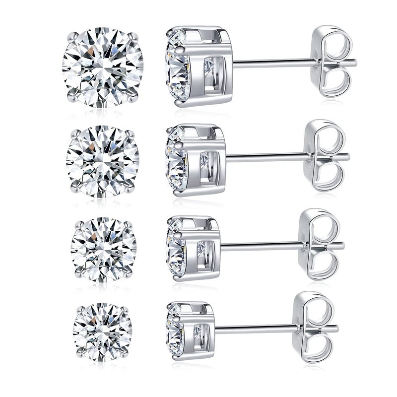 MDFUN Titanium Stud Earrings Set Hypoallergenic Cubic Zirconia Round CZ 4 Prong Surgical 316L Stainless Steel Stud Earring for Women and Men 3-6mm Pack of 4 - Image 1