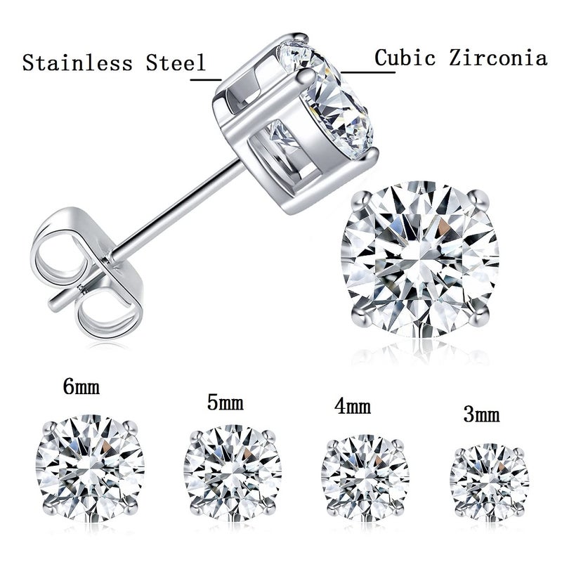 MDFUN Titanium Stud Earrings Set Hypoallergenic Cubic Zirconia Round CZ 4 Prong Surgical 316L Stainless Steel Stud Earring for Women and Men 3-6mm Pack of 4 - Image 4