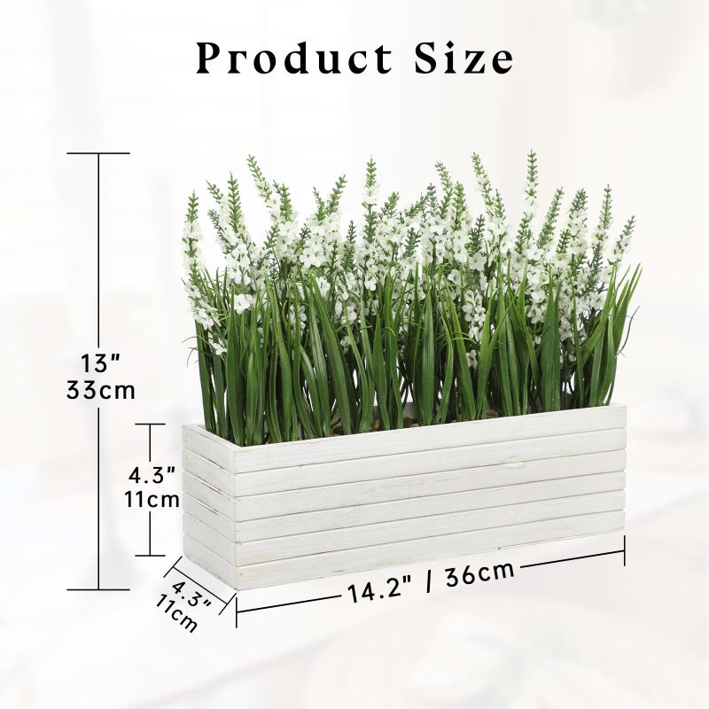Villa Como 14 Inch Artificial Lavender Flower Arrangement in Rustic Rectangular Wood Planter Box White Fake Lavender Flower Faux Potted Lavender Plants for Table Centerpiece Windowsill Shelf Home Decor Indoor - Image 2