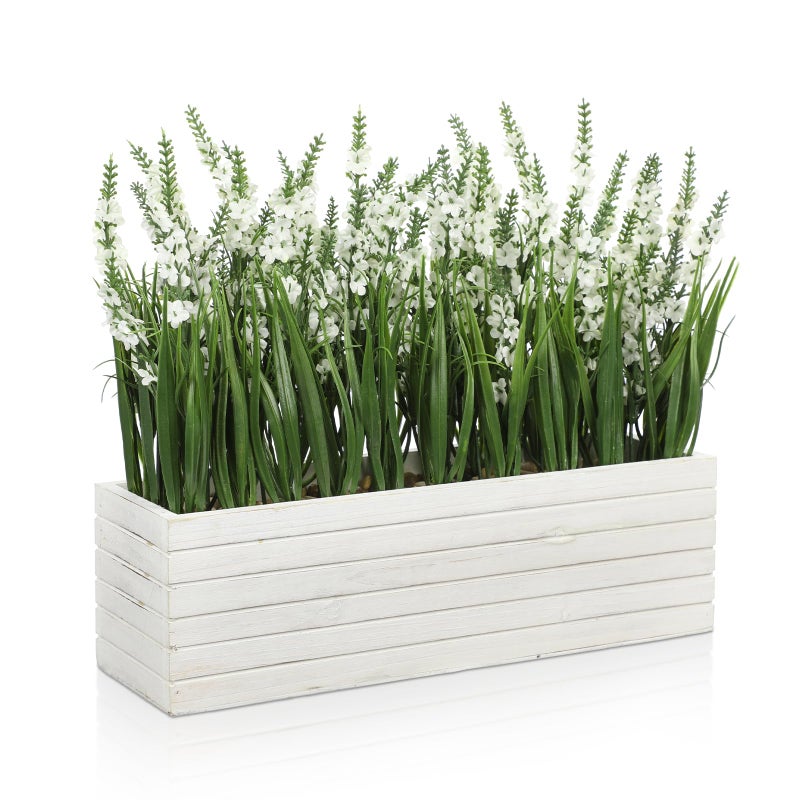 Villa Como 14 Inch Artificial Lavender Flower Arrangement in Rustic Rectangular Wood Planter Box White Fake Lavender Flower Faux Potted Lavender Plants for Table Centerpiece Windowsill Shelf Home Decor Indoor - Image 1