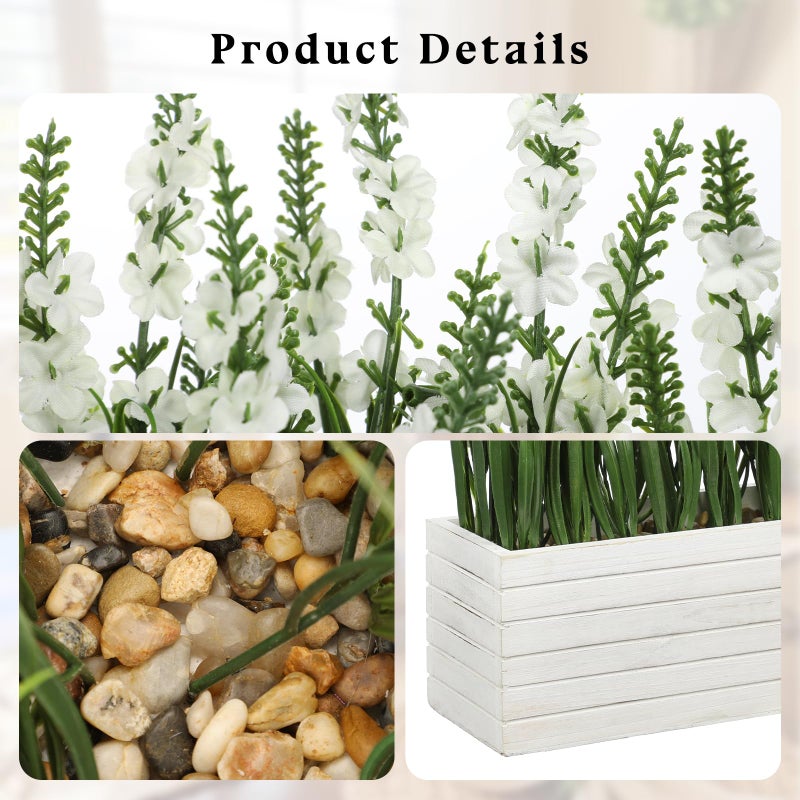 Villa Como 14 Inch Artificial Lavender Flower Arrangement in Rustic Rectangular Wood Planter Box White Fake Lavender Flower Faux Potted Lavender Plants for Table Centerpiece Windowsill Shelf Home Decor Indoor - Image 3