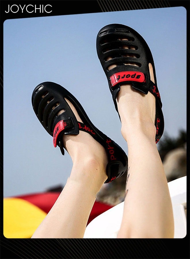 Joychic صنادل رجالية صيفية كاجوال للشاطئ قابلة للتنفس مضادة للانزلاق باللونين الأسود والأحمر - Image 4