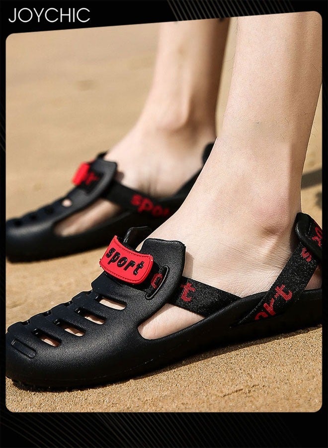 Joychic صنادل رجالية صيفية كاجوال للشاطئ قابلة للتنفس مضادة للانزلاق باللونين الأسود والأحمر - Image 2