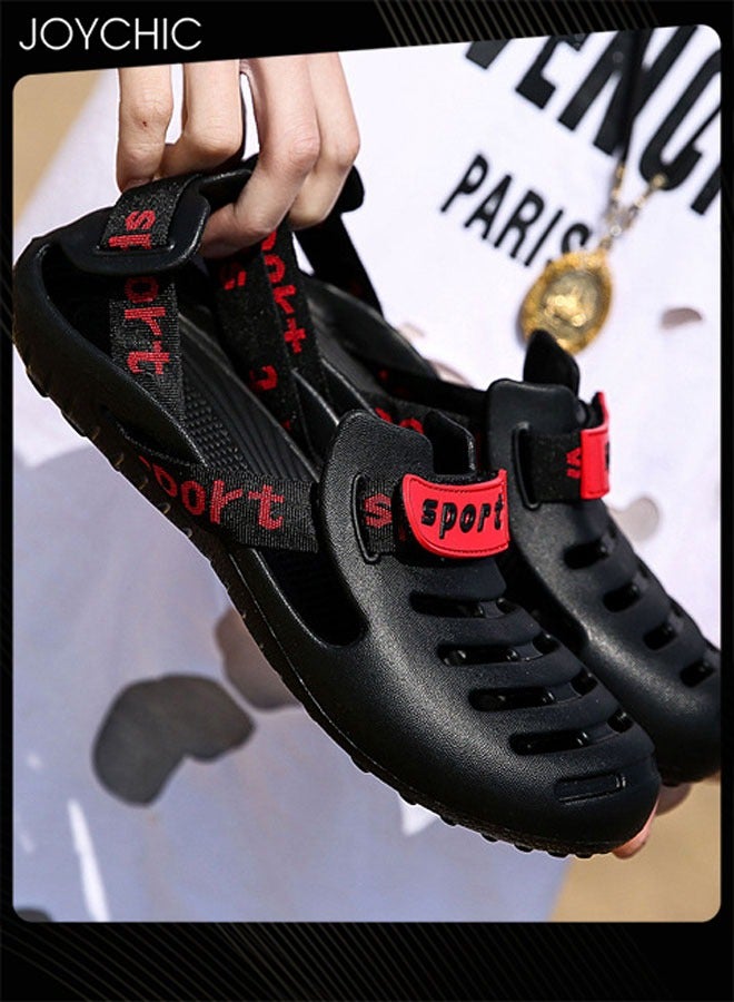 Joychic صنادل رجالية صيفية كاجوال للشاطئ قابلة للتنفس مضادة للانزلاق باللونين الأسود والأحمر - Image 5