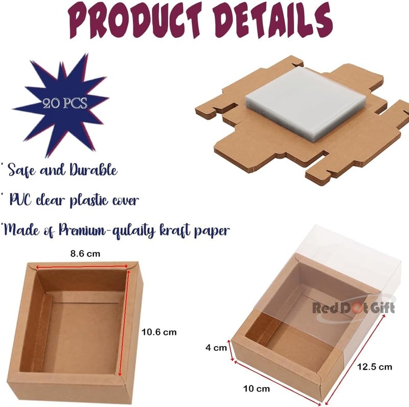 Red Dot Gift 20-pack DIY Rectangle Drawer Kraft Boxes With Clear Lid CT03: 12.5 * 10.5 * 4cm Cardboard Present Packaging Boxes for Party Favor Treats, Candy and Jewelry Crafts. (Kraft) - Image 2