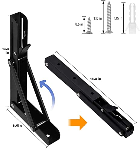 AUTOHJ Folding Shelf Brackets - 14 Inch 2 Pcs Heavy Duty Metal Collapsible Shelf Bracket, DIY Wall Mounted Shelf Bracket, Space Saving for Bench - Image 2