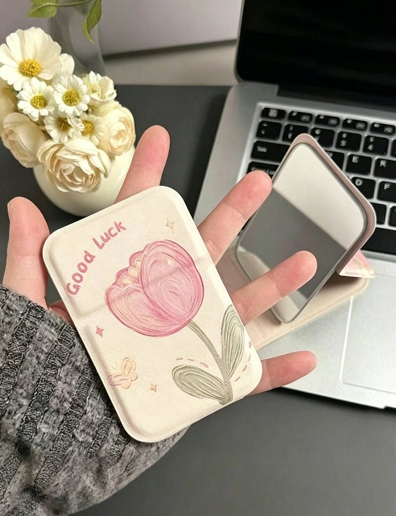 خاجول مرآة جيب محمولة قابلة للطي مع حامل قابل للتعديل، مرآة مكياج صغيرة للسفر للمسات سريعة، مرآة يدوية للنساء والفتيات، مرآة صغيرة للمنزل والمكتب والتخييم (بيج) - Image 2